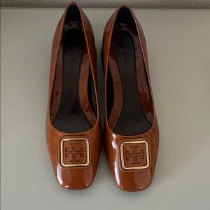 Tory Burch Gigi Block Heel Pumps Patent Leather Brown Tan 8.5